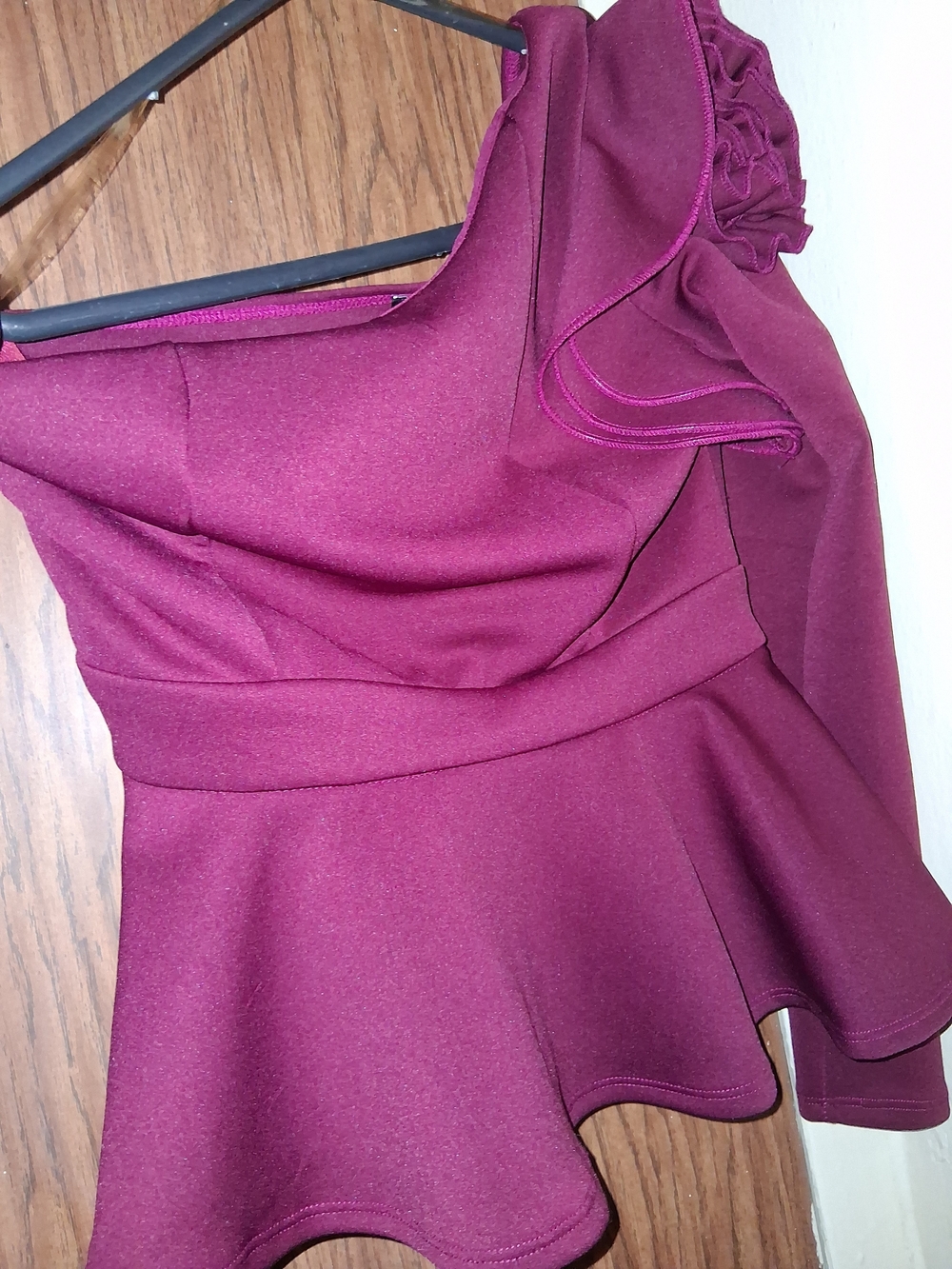 Fashion Nova Burgundy Asymmetrical Peplum Dress with Ruffle Shoulder